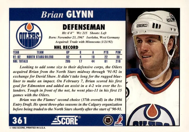 1992-93 Score (U.S.) #361 Brian Glynn (back)