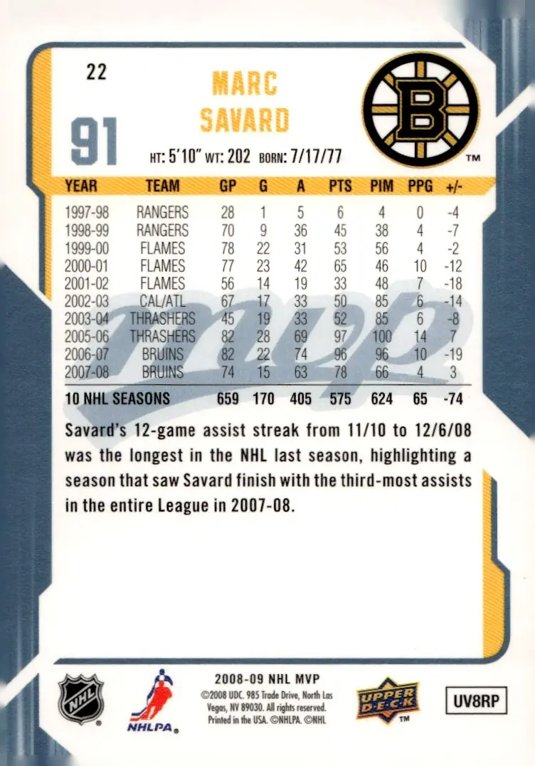 2008-09 Upper Deck MVP #22 Marc Savard (back)