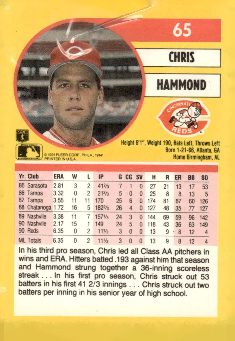 1991 Fleer #65 Chris Hammond (back)