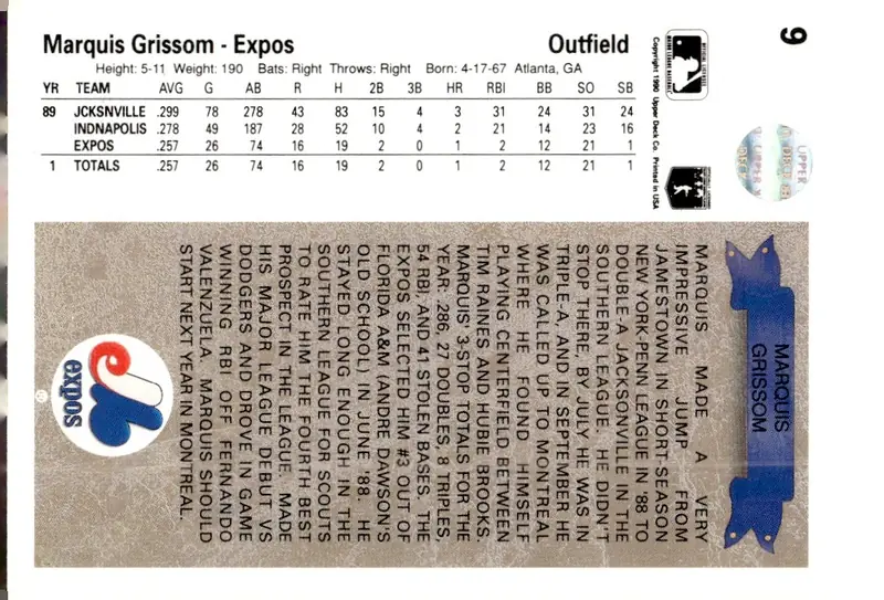 1990 Upper Deck #9 Marquis Grissom (back)