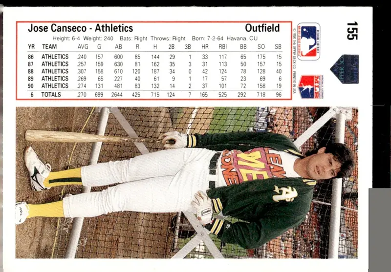 1991 Upper Deck #155 Jose Canseco (back)