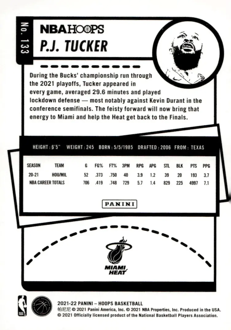 2021-22 NBA Hoops #133 P.J. Tucker (back)