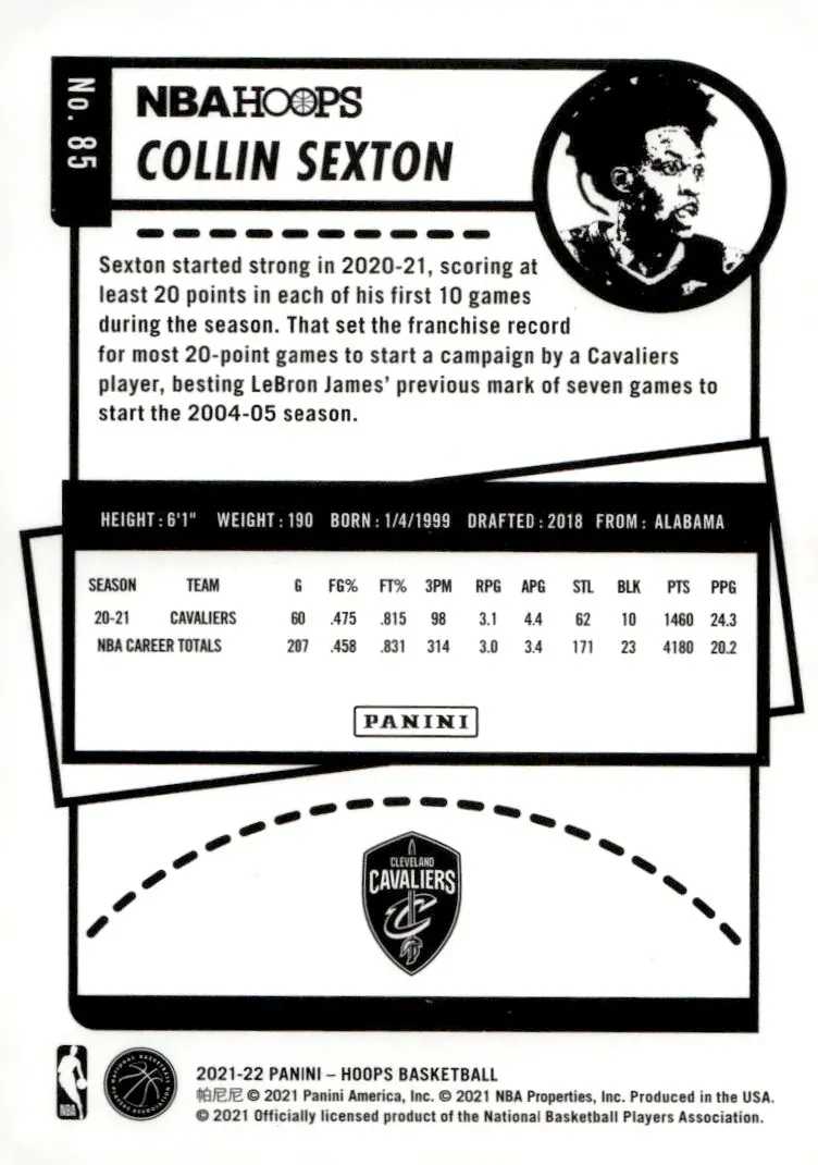 2021-22 NBA Hoops #85 Collin Sexton (back)