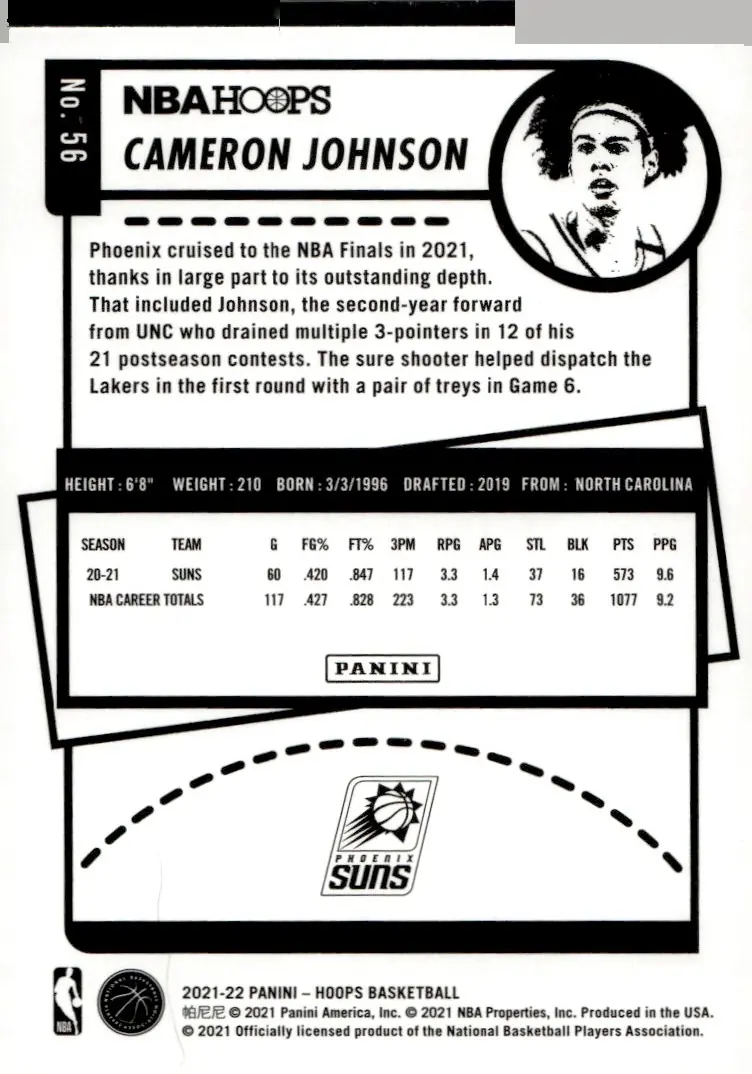 2021-22 NBA Hoops #56 Cameron Johnson (back)
