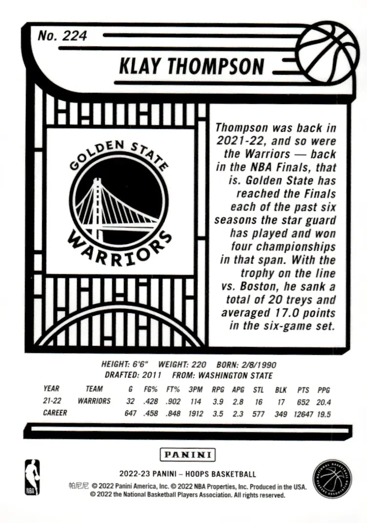 2022-23 NBA Hoops #224 Klay Thompson (back)
