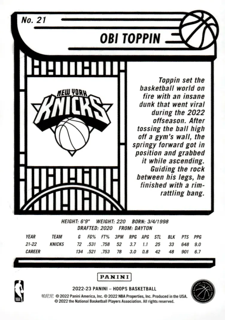 2022-23 NBA Hoops #21 Obi Toppin (back)