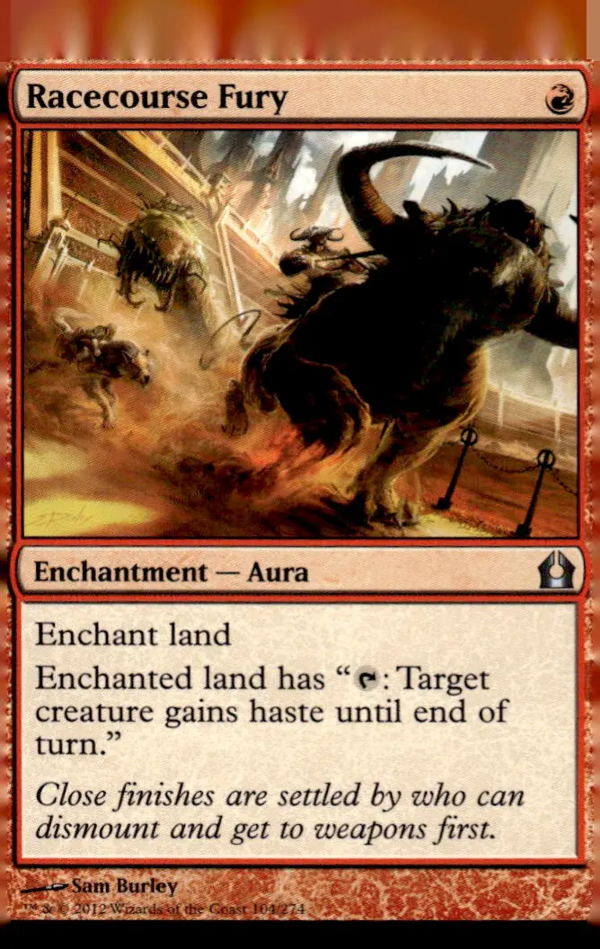 2012 Return to Ravnica #104/274 Racecourse Fury (Enchantment — Aura); art by Sam Burley (front)