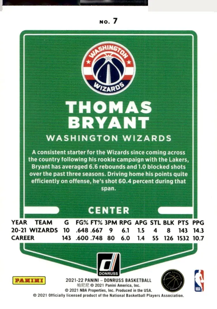 2021-22 Donruss #7 Thomas Bryant (back)