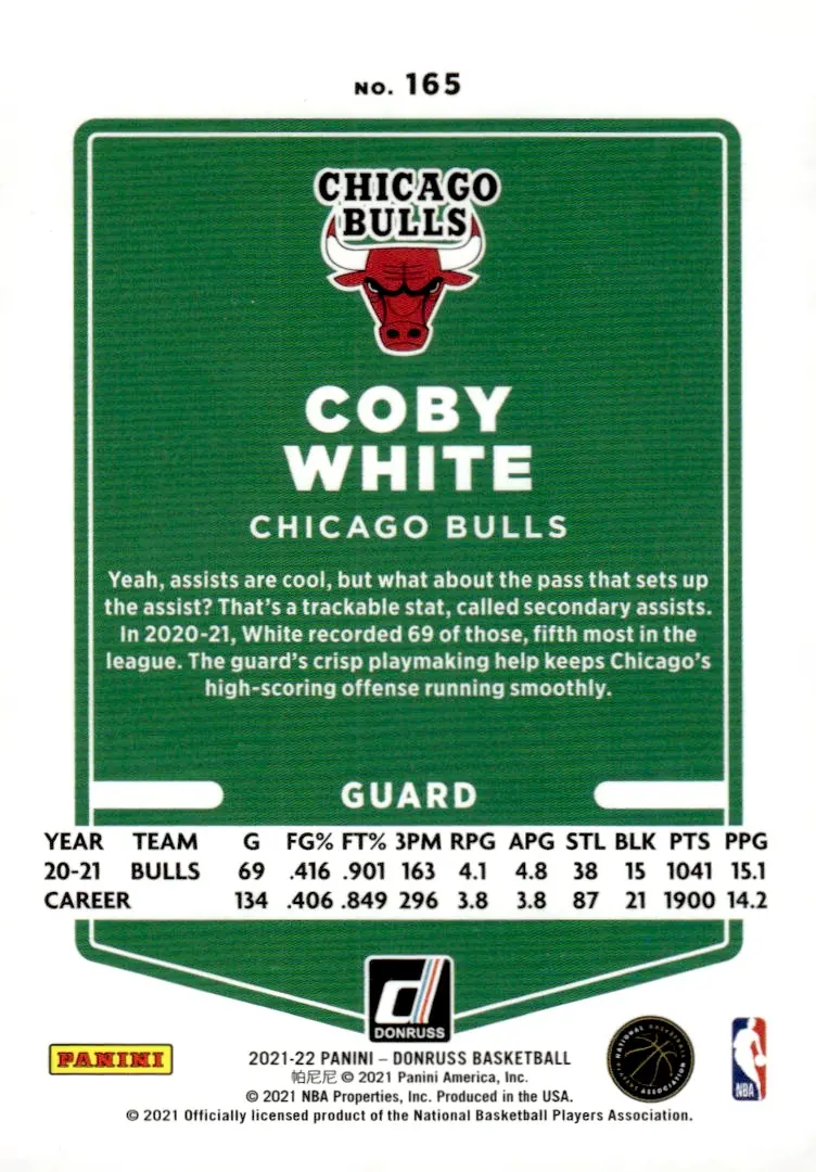 2021-22 Donruss #165 Coby White – Holo Red Laser (back)