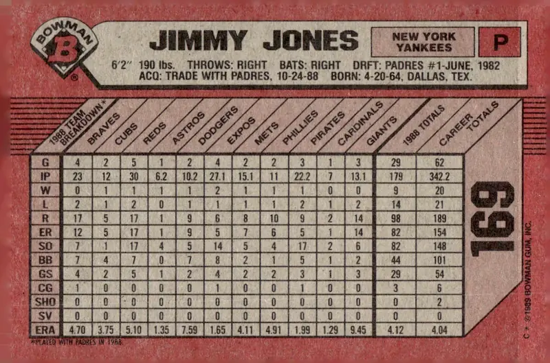 1989 Bowman #169 Jimmy Jones (back)