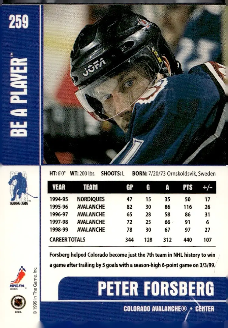 1999-00 Be A Player Memorabilia #259 Peter Forsberg (back)