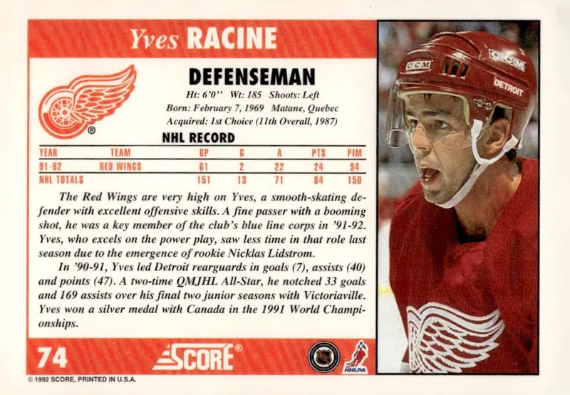 1992-93 Score (U.S./American) #74 Yves Racine (back)