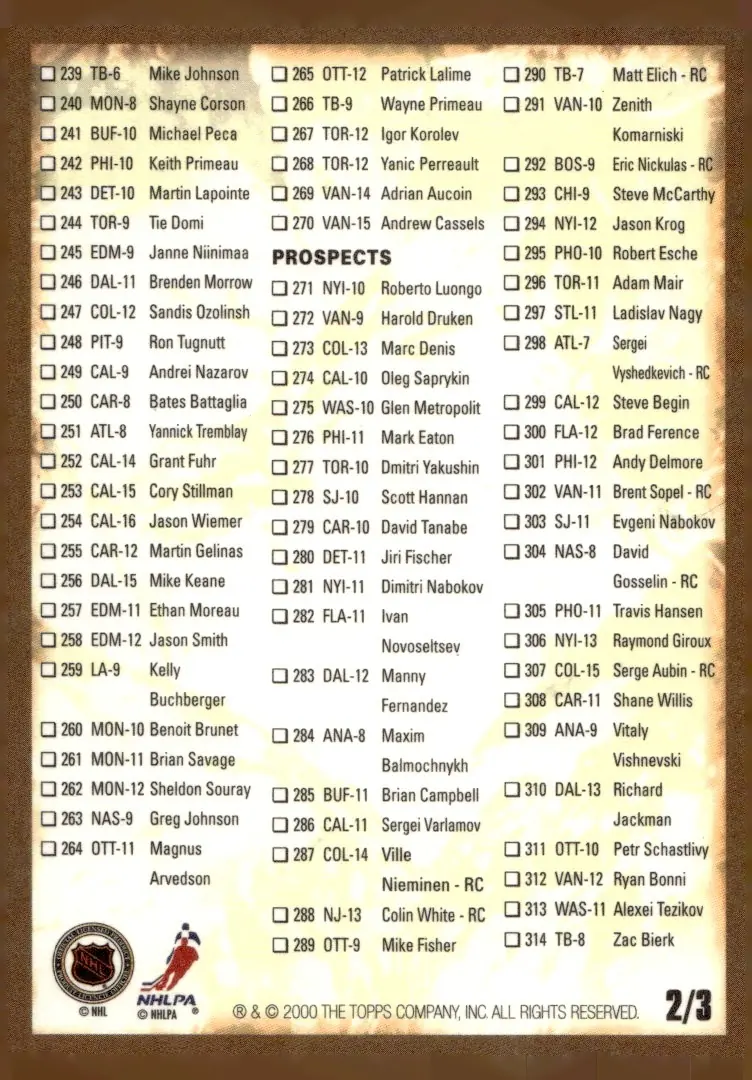 2000-01 O-Pee-Chee Checklist (back)