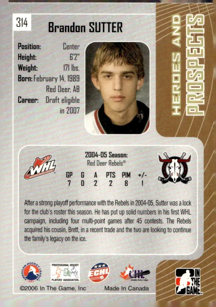 2005-06 Heroes and Prospects #314 Brandon Sutter (back)