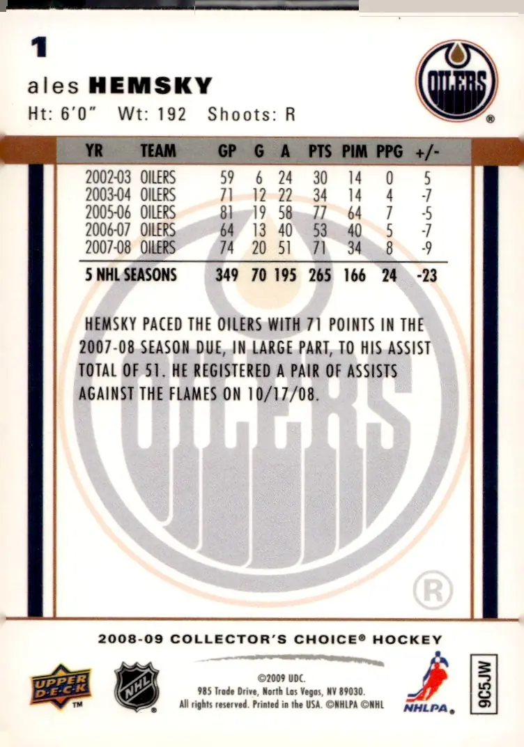 2008-09 Collector's Choice #1 Ales Hemsky (back)