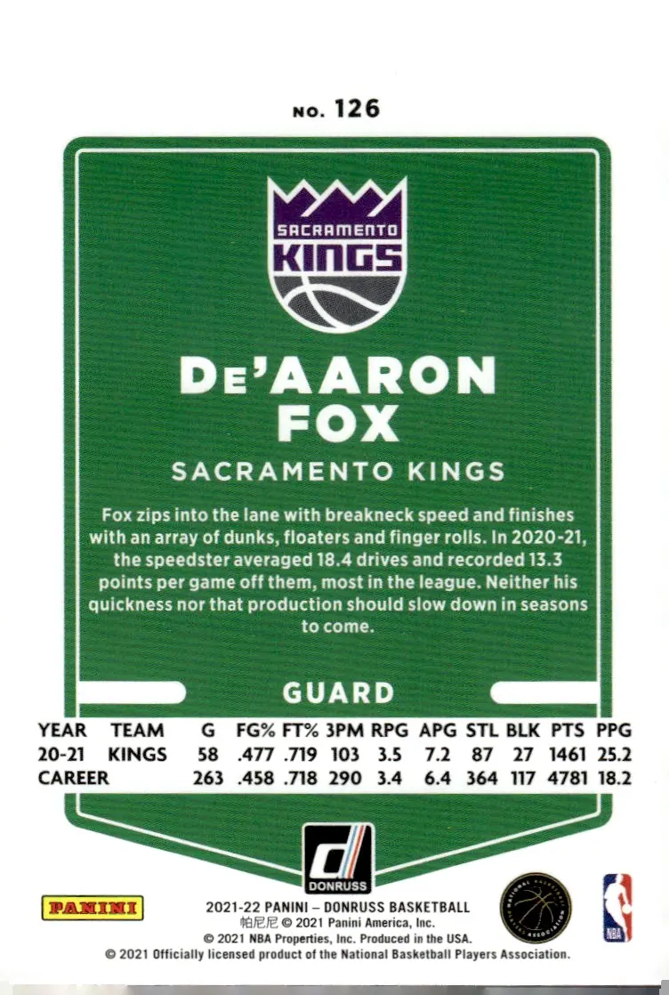 2021-22 Donruss Basketball #126 De'Aaron Fox – Holo Purple Laser (back)
