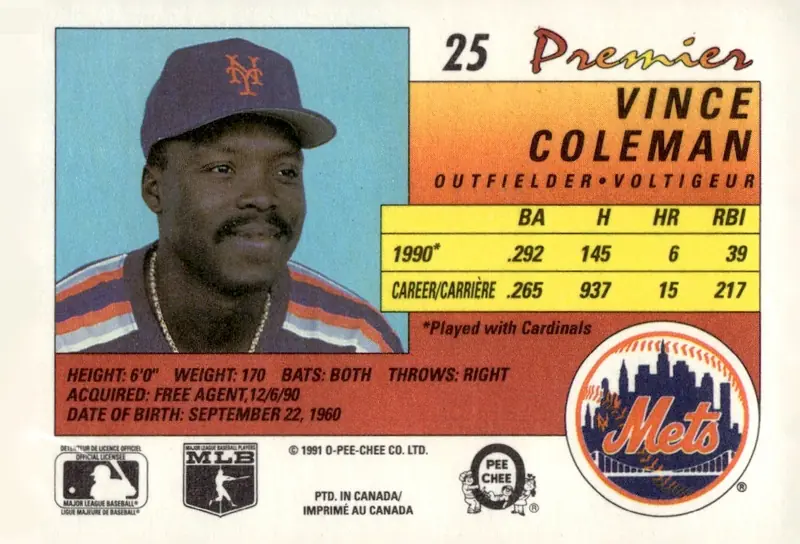 1991 O-Pee-Chee Premier #25 Vince Coleman (back)