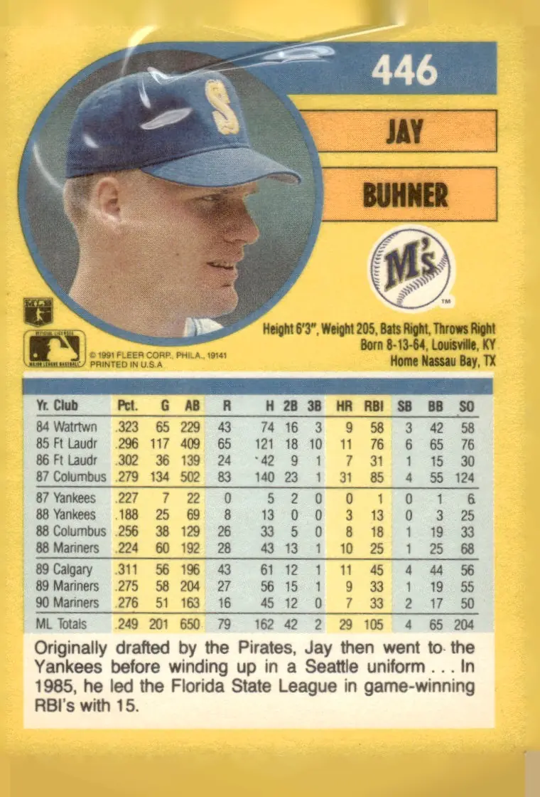 1991 Fleer #446 Jay Buhner (back)
