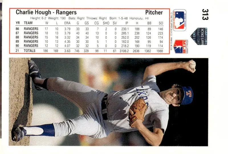1991 Upper Deck #313 Charlie Hough (back)