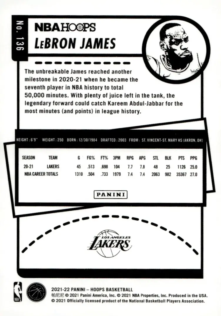 2021-22 NBA Hoops #136 LeBron James (back)