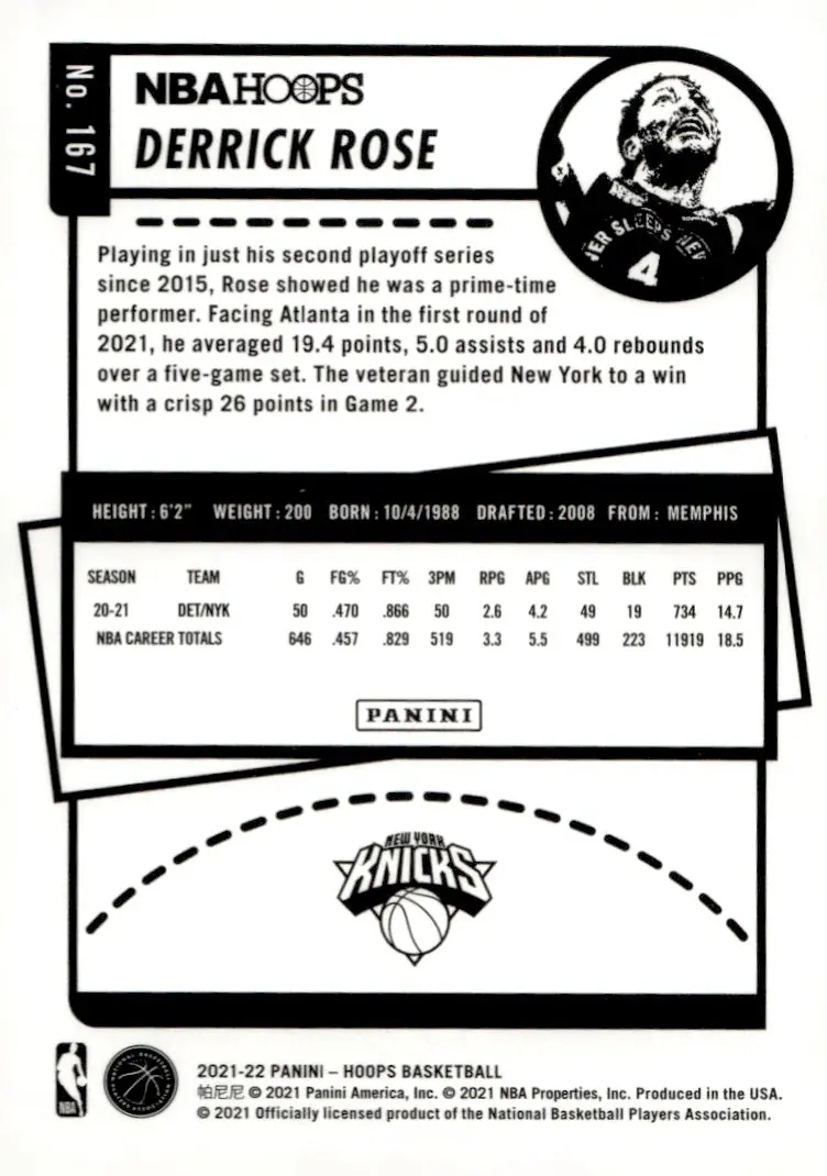 2021-22 NBA Hoops #167 Derrick Rose (back)
