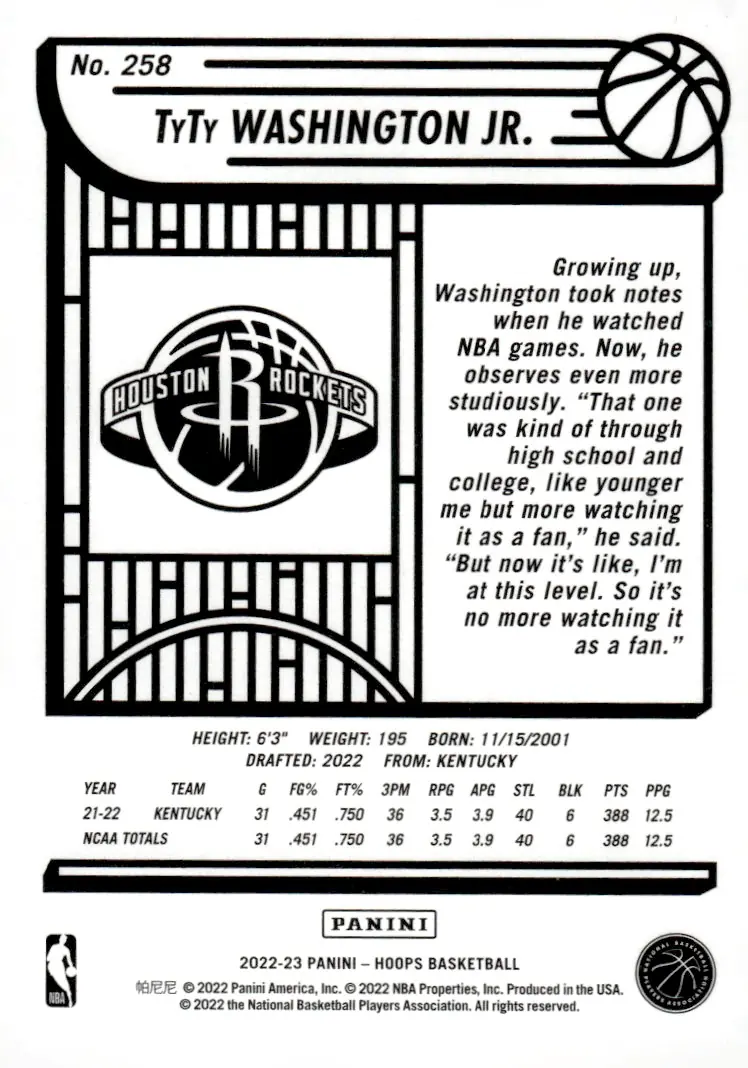 2022-23 NBA Hoops #258 TyTy Washington Jr. (back)
