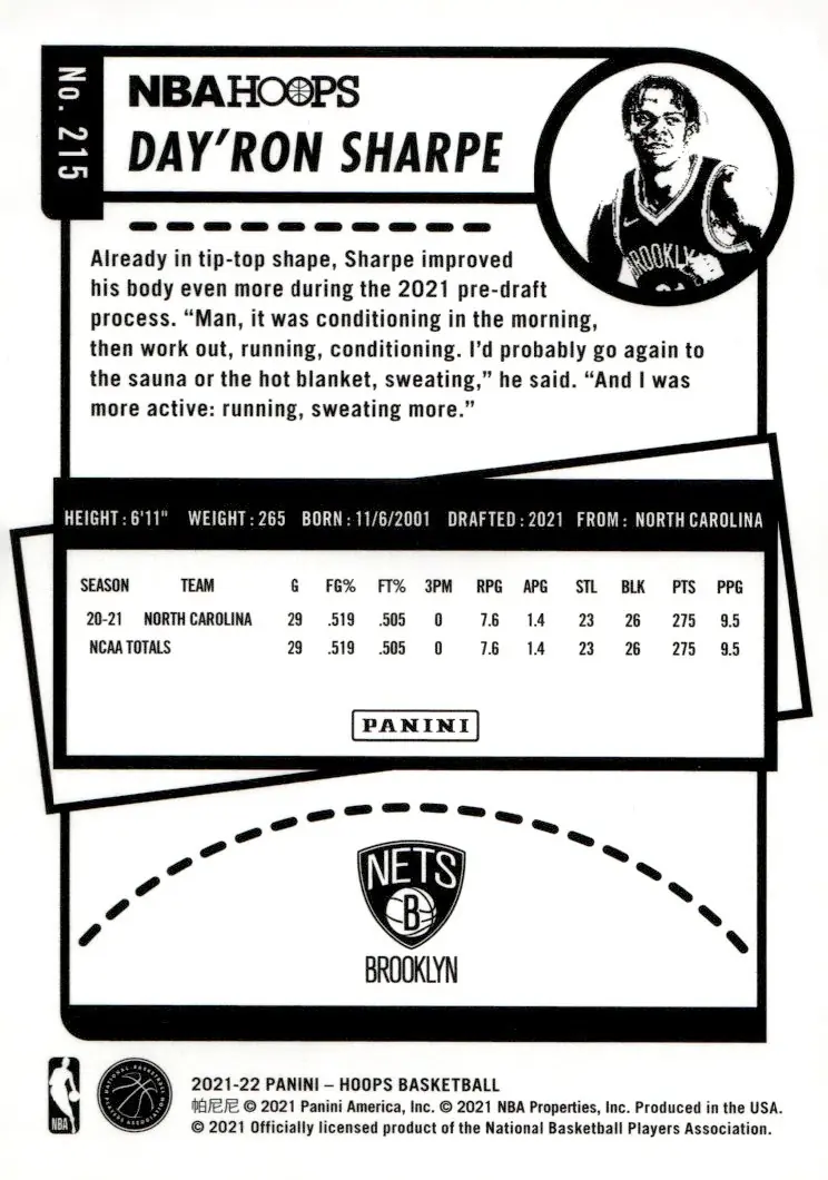 2021-22 NBA Hoops #215 Day'Ron Sharpe (back)