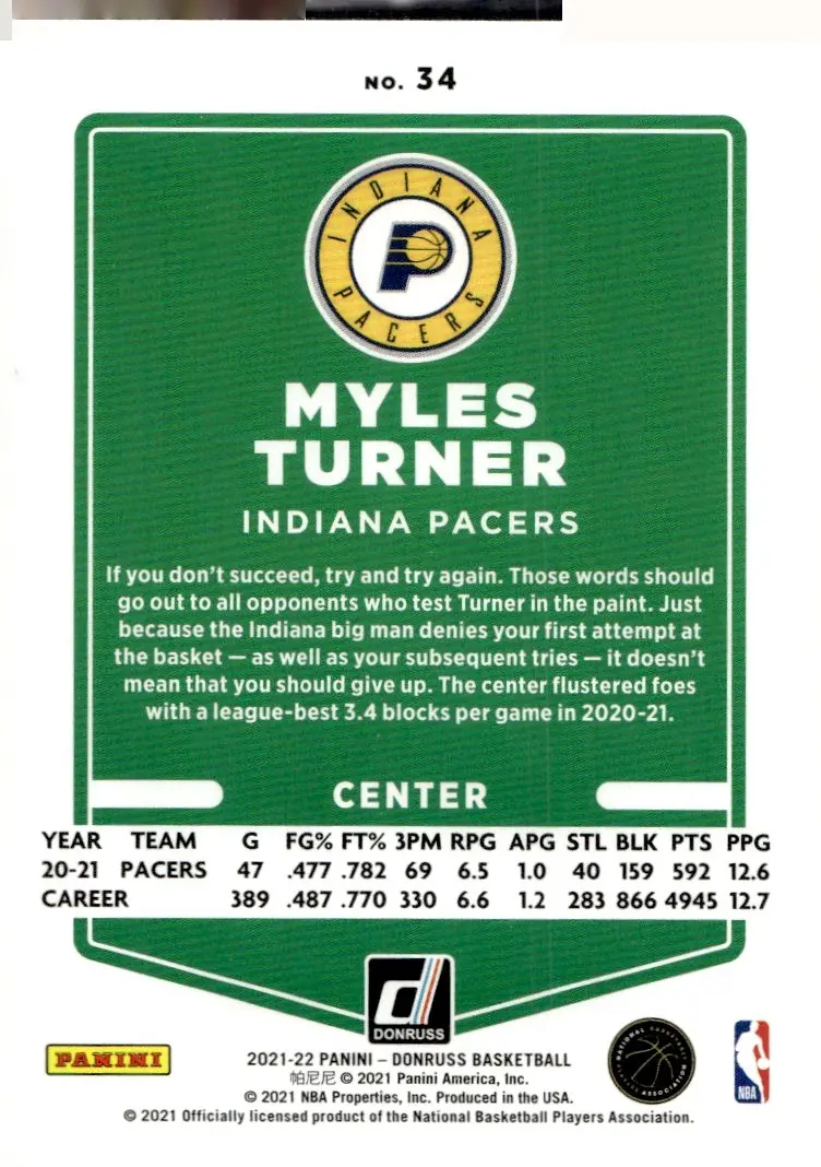 2021-22 Donruss Basketball #34 Myles Turner (back)