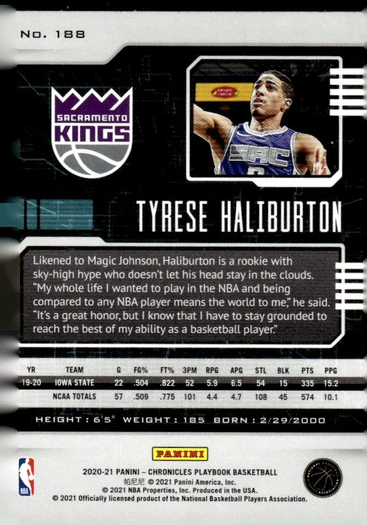 2020-21 Panini Chronicles Basketball #188 Tyrese Haliburton (back)