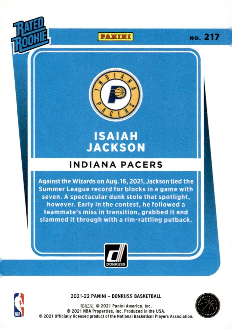 2021-22 Donruss #217 Isaiah Jackson (back)