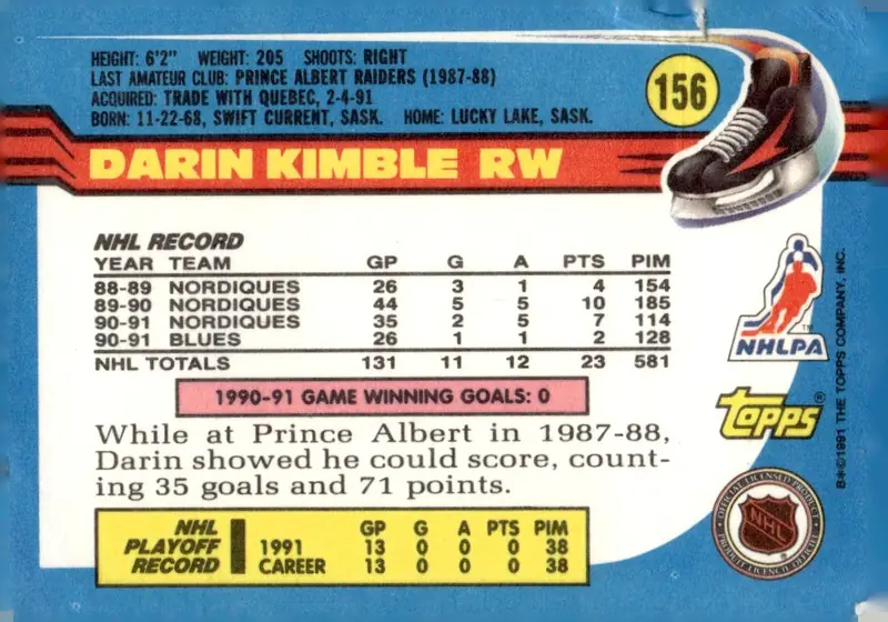 1991-92 Topps #156 Darin Kimble (back)