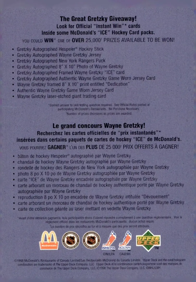 1998-99 Upper Deck Ice McDonald's Checklist (back)