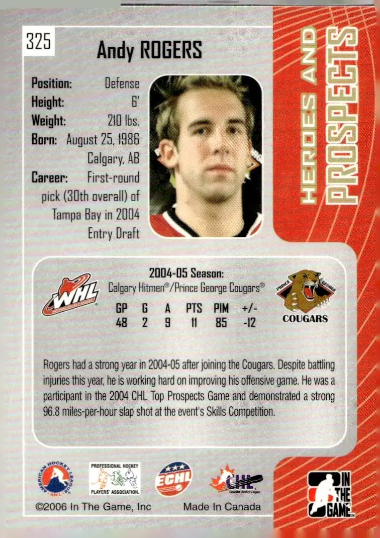 2005-06 In The Game Heroes and Prospects #325 Andy Rogers (back)