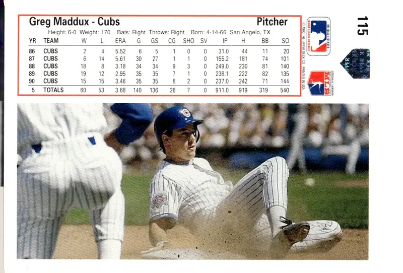 1991 Upper Deck #115 Greg Maddux (back)