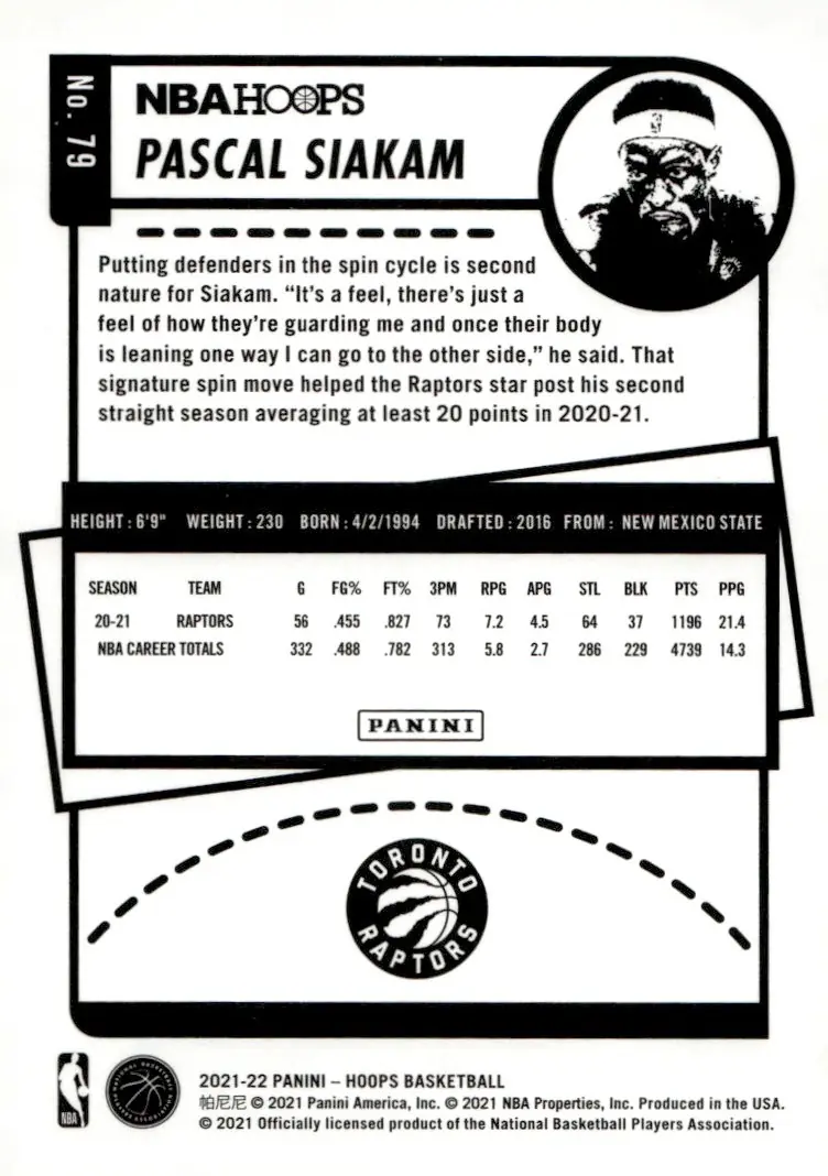 2021-22 NBA Hoops #79 Pascal Siakam (back)
