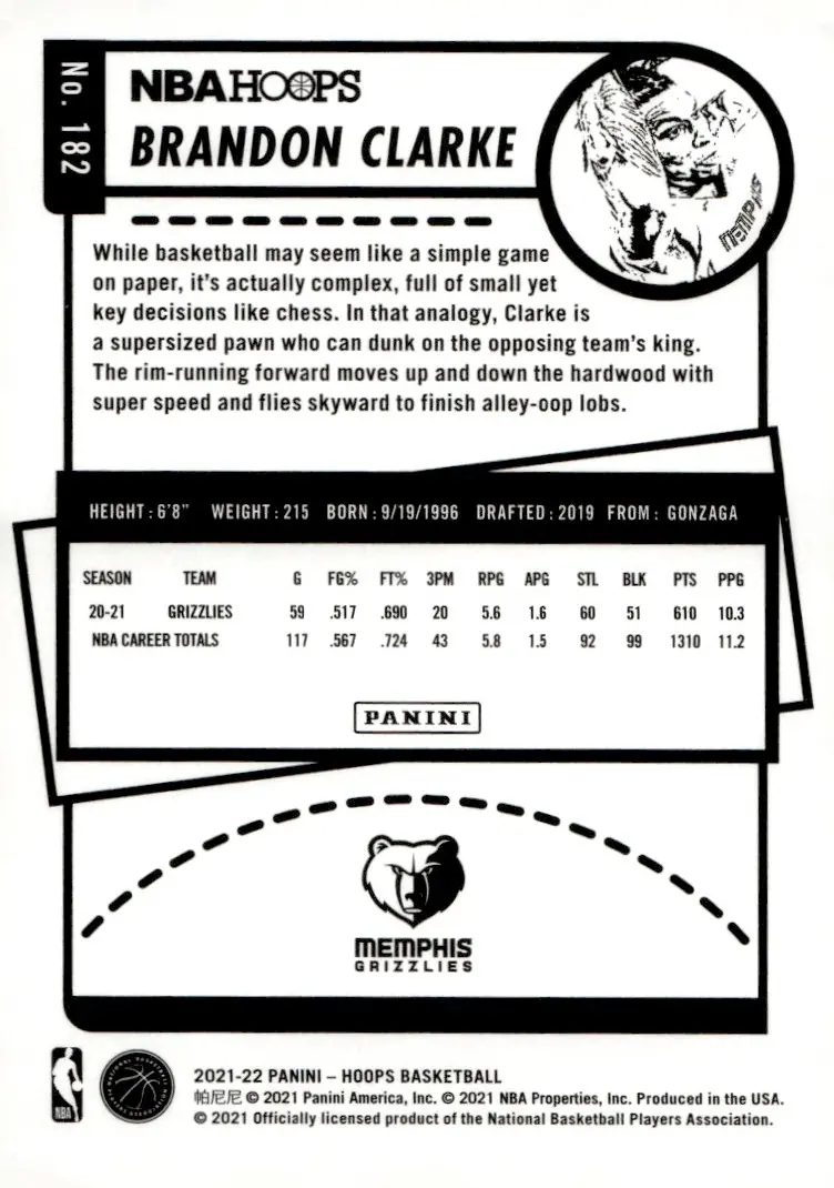 2021-22 NBA Hoops #182 Brandon Clarke (back)