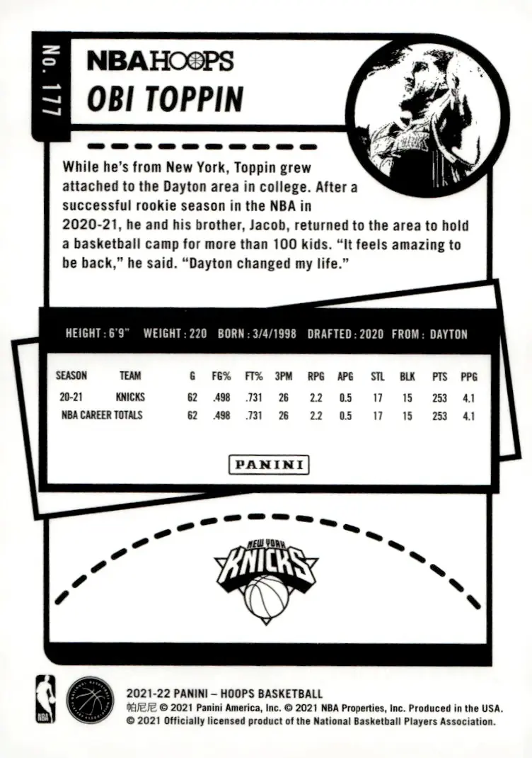 2021-22 NBA Hoops #177 Obi Toppin (back)