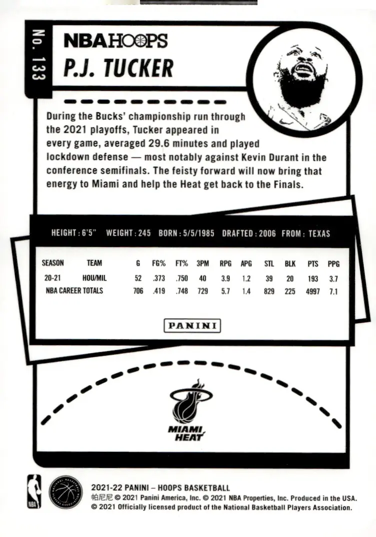 2021-22 NBA Hoops #133 P.J. Tucker (back)