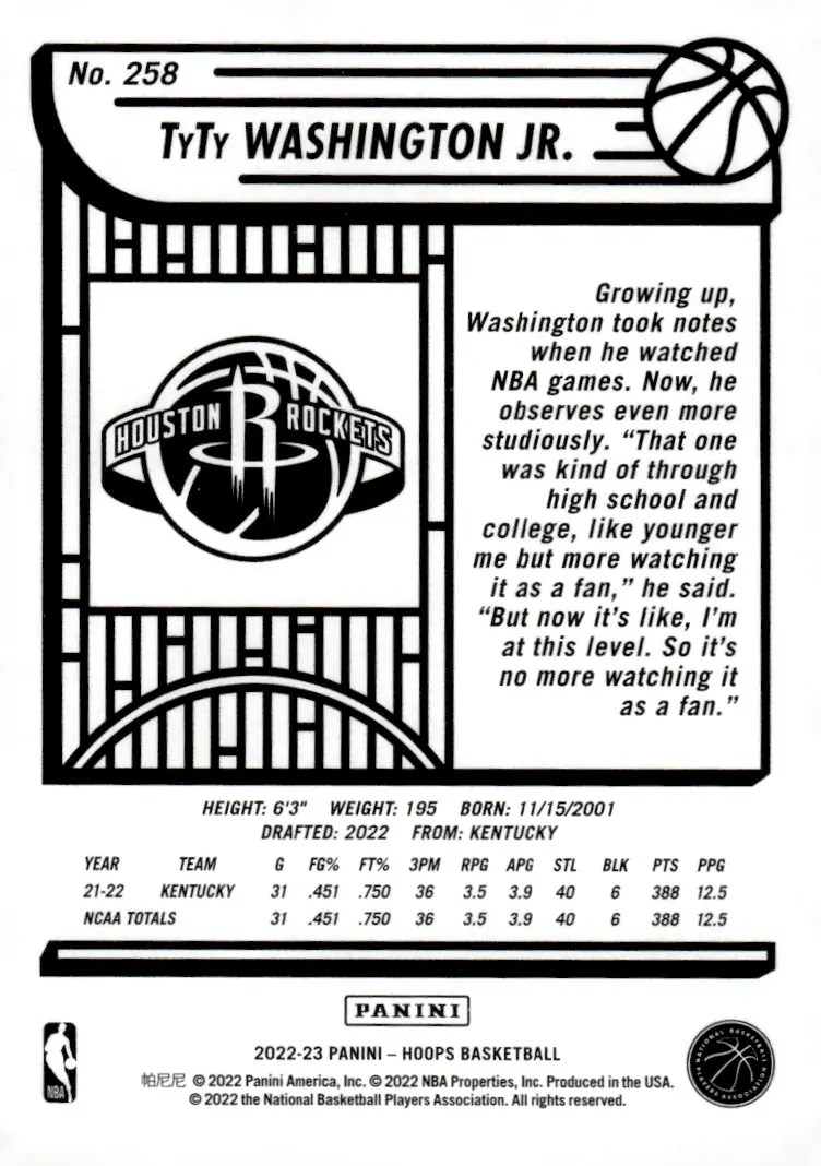 2022-23 NBA Hoops #258 TyTy Washington Jr. (back)