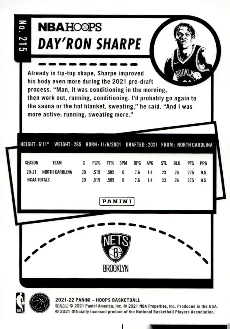 2021-22 NBA Hoops #215 Day'Ron Sharpe (back)