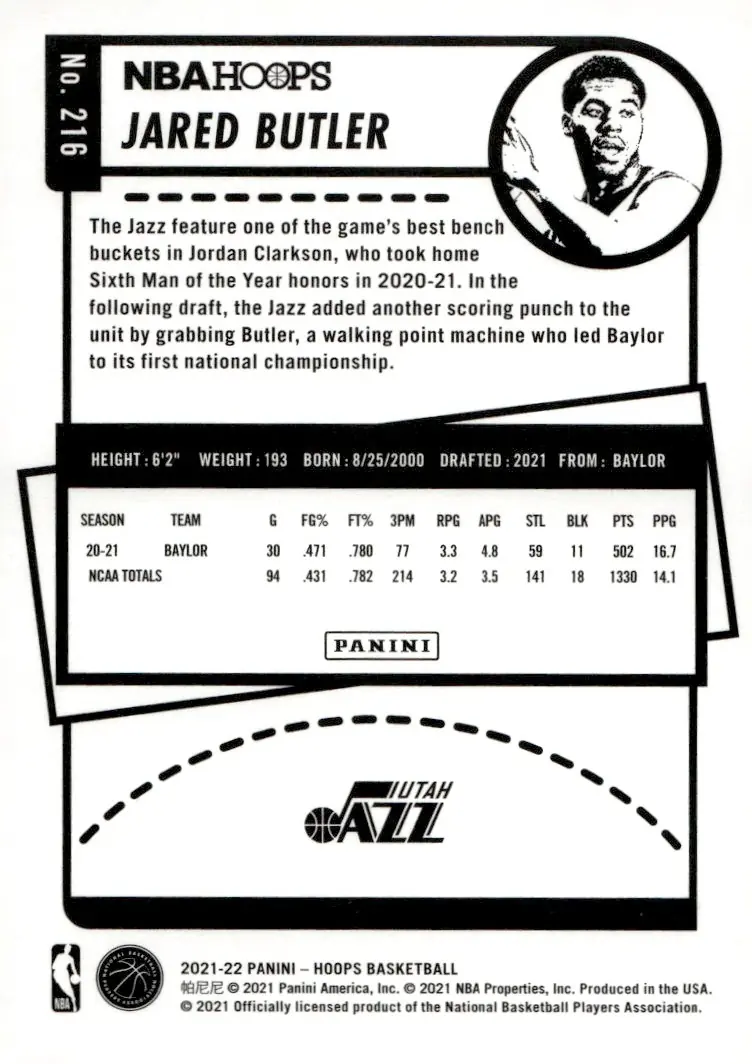 2021-22 NBA Hoops #216 Jared Butler (back)