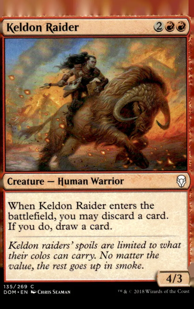 2018 Magic: The Gathering - Dominaria (DOM) #135/269 Keldon Raider (Creature — Human Warrior, 4/3); art by Chris Seaman (front)