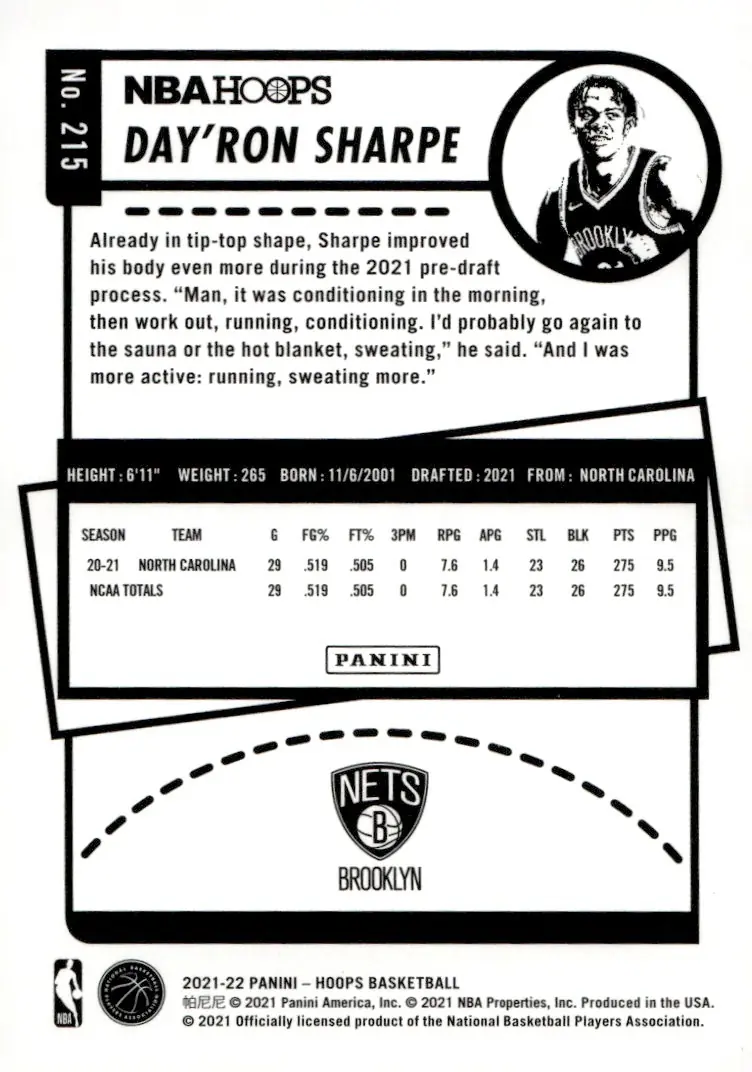 2021-22 NBA Hoops #215 Day'Ron Sharpe (back)