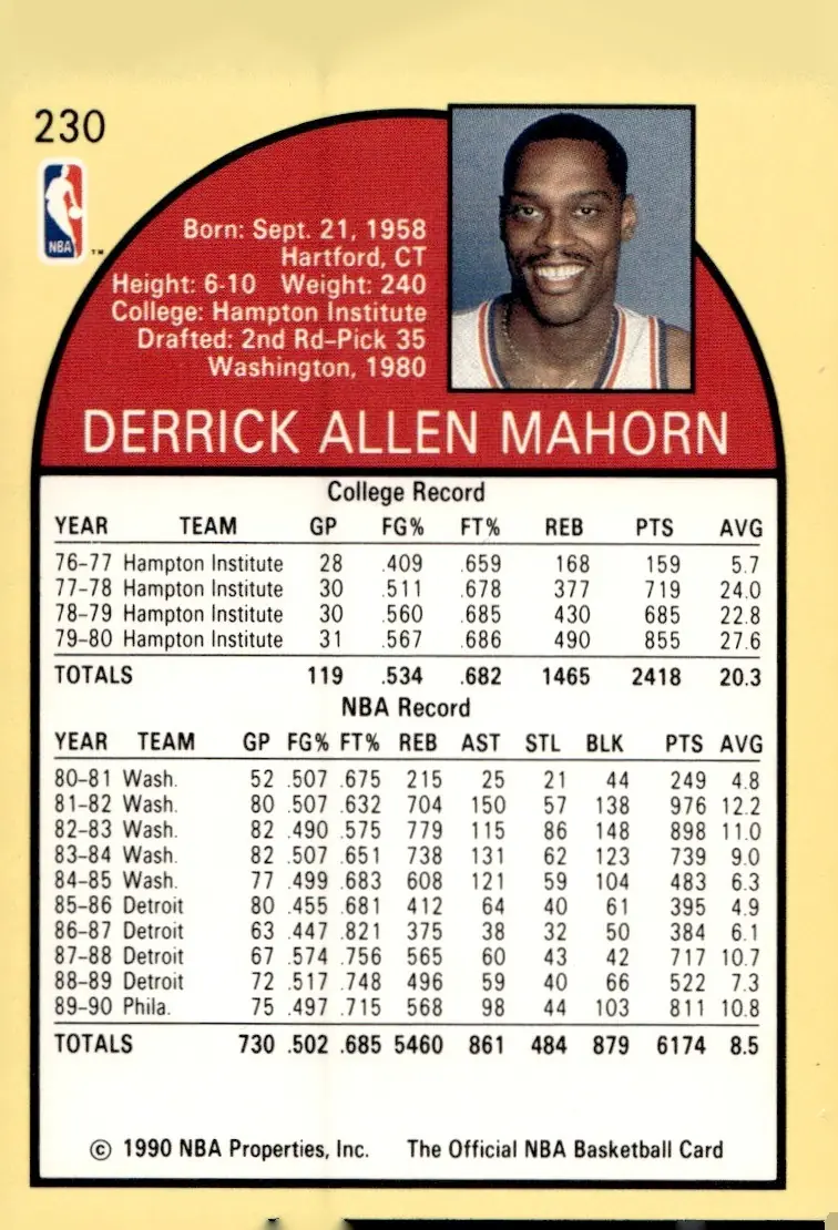 1990-91 NBA Hoops #230 Rick Mahorn (back)