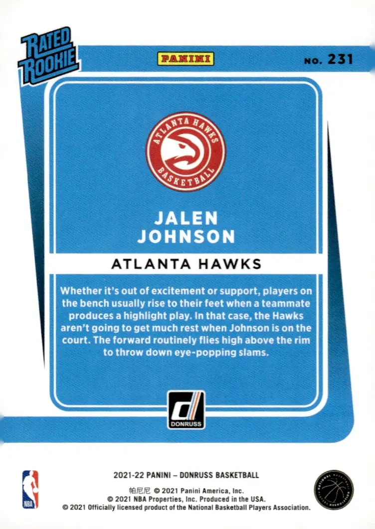 2021-22 Donruss Basketball #231 Jalen Johnson (back)