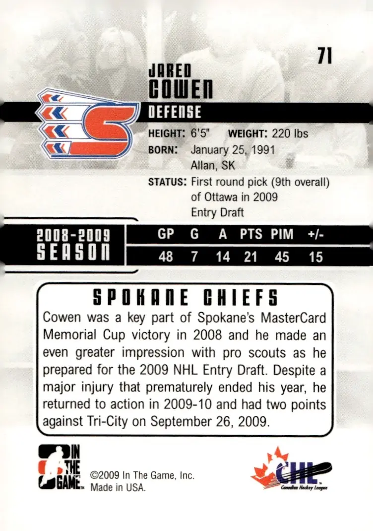 2009-10 Heroes and Prospects #71 Jared Cowen (back)