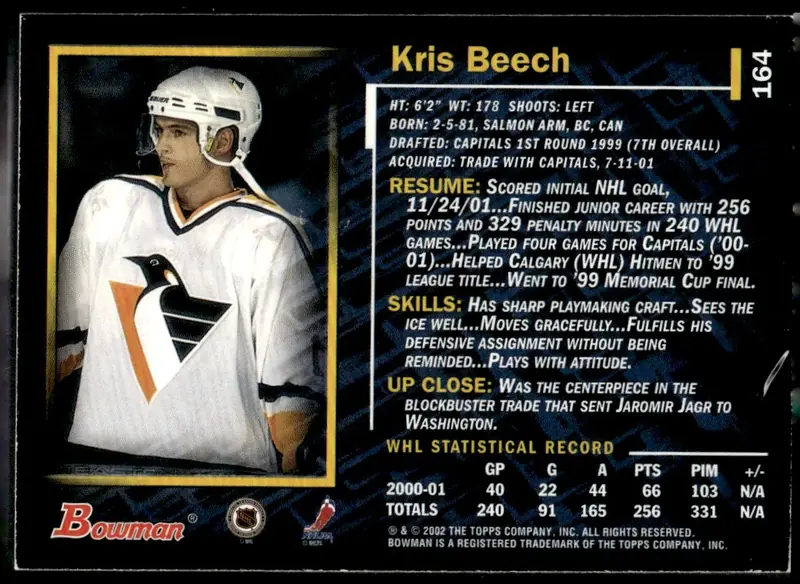 2001-02 Bowman YoungStars #164 Kris Beech (back)