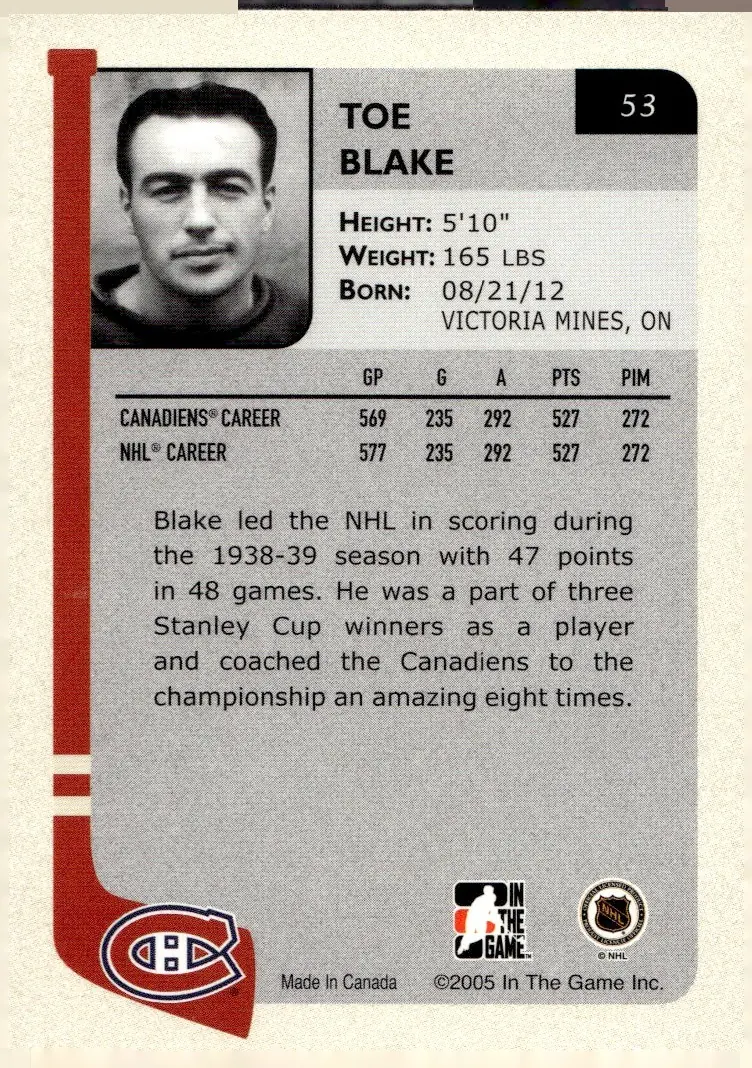 2004-05 In The Game Franchises Canadian Edition #53 Toe Blake (back)