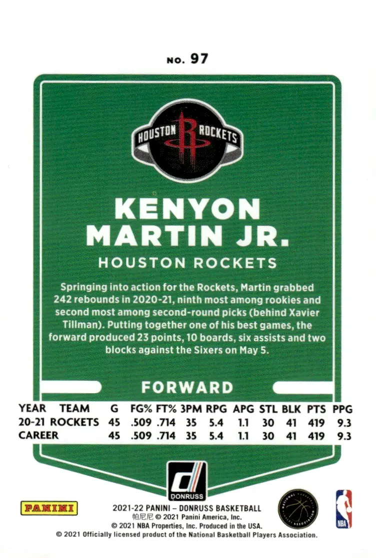 2021-22 Donruss Basketball #97 Kenyon Martin Jr. (back)