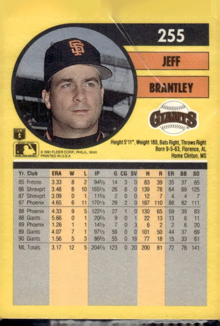 1991 Fleer #255 Jeff Brantley (back)